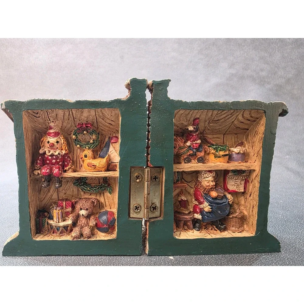 Vintage Christmas Hinged Resin Stone Cottage Toy Shop Figurine Santa Teddy Bear